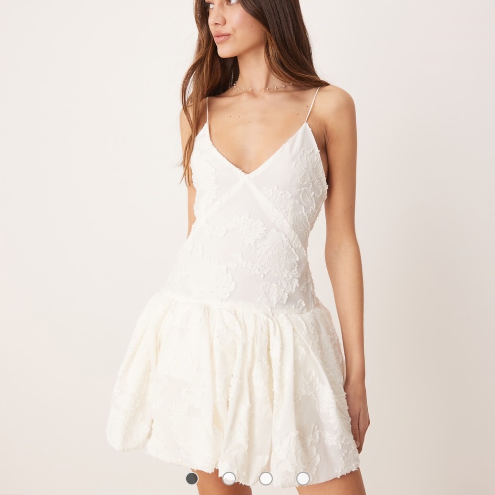 Mango White Capsule, embroidered  Lace Puffball Hem Mini Dress - Picture 2 of 8